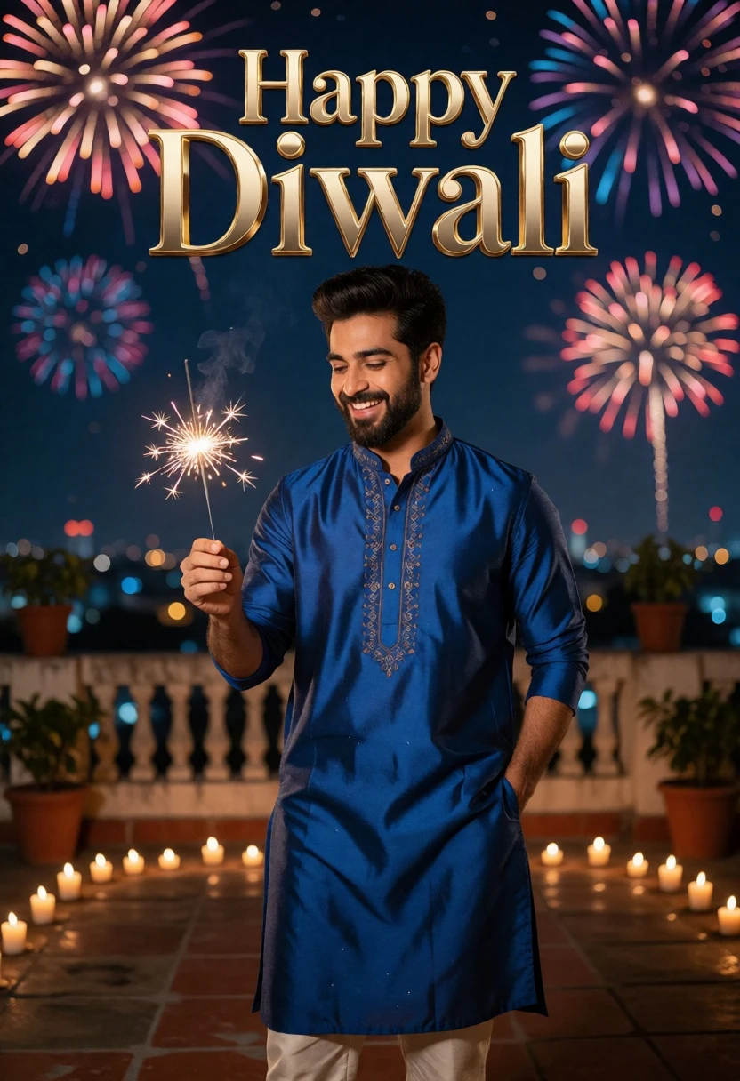 Smiling man on rooftop terrace holding sparkler during colorful diwali celebration - AI generated image prompt sample