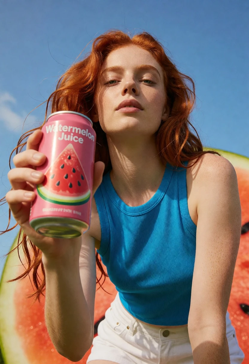 Low angle shot of young woman holding watermelon juice against blue sky - AI generated image prompt sample