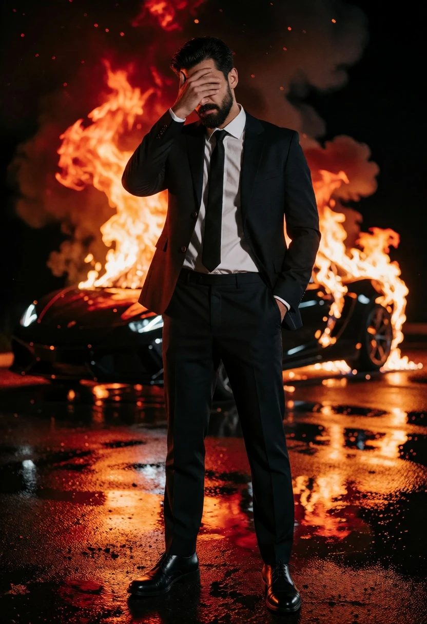 Man in dark suit standing before burning sports car on wet asphalt - AI generated image prompt sample