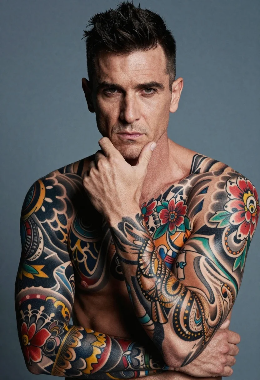 Muscular man with colorful tattoos posing thoughtfully