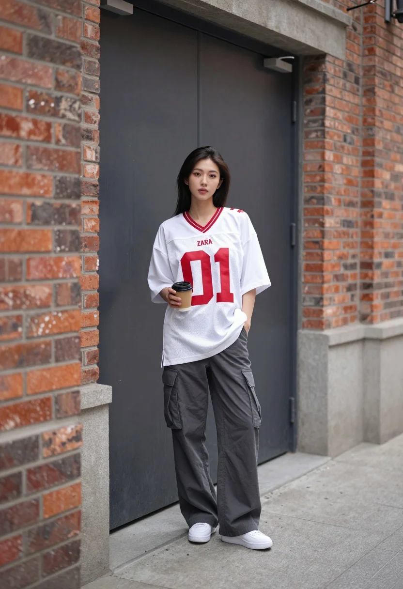 Young woman in jersey standing in an urban alleyway holding coffee cup - AI generated image prompt sample