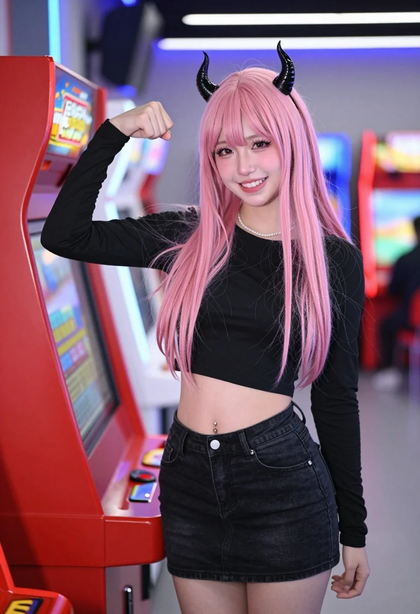 Young woman with pink hair and horns posing by red arcade boxing - AI generated image prompt sample