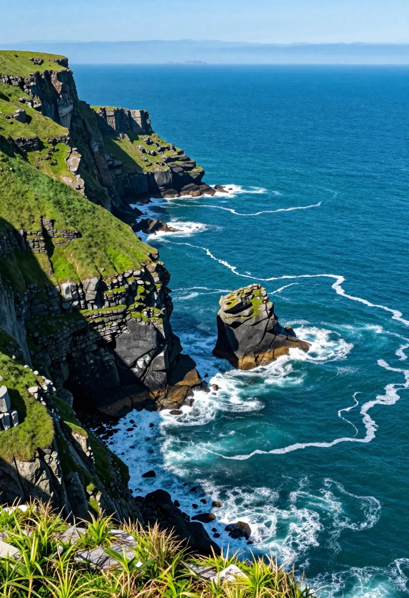 High angle aerial view of rugged coastline cliffs meeting turquoise ocean waves - AI generated image prompt sample