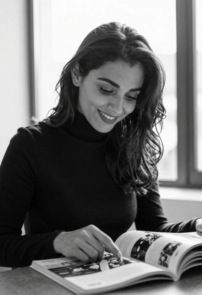 Woman reading magazine indoors with dark hair in bright airy setting