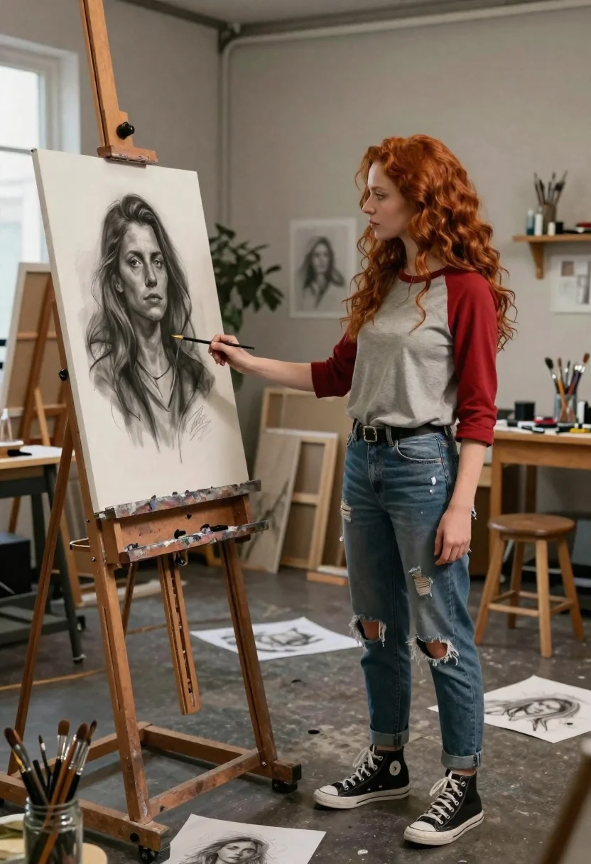 Woman shaking hands with charcoal portrait in spacious art studio - AI generated image prompt sample