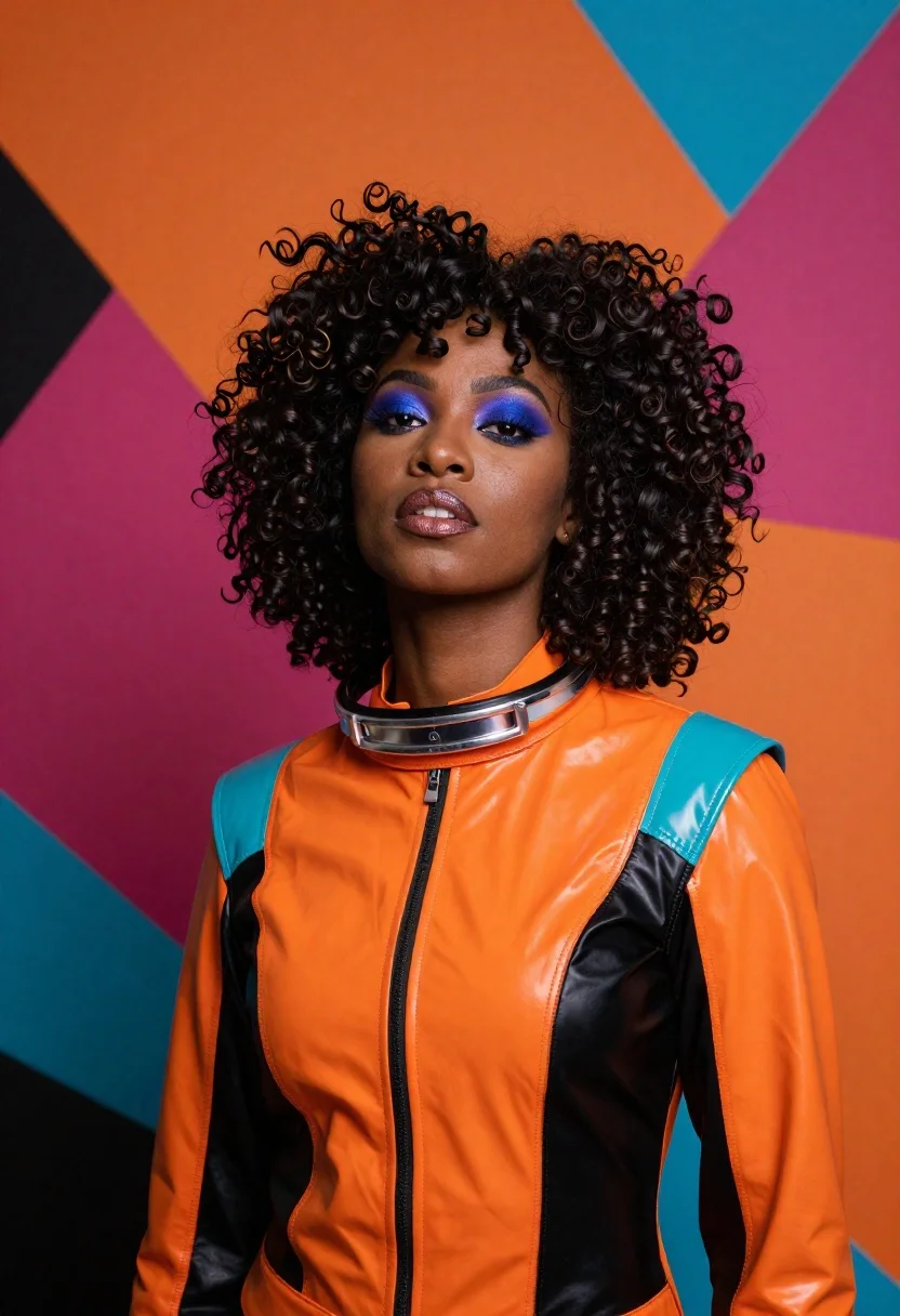 Black woman in racing suit against abstract geometric background - AI generated image prompt sample