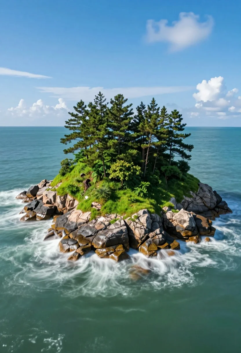 Hyperrealistic wide view of lush green island in calm turquoise ocean waters - AI generated image prompt sample