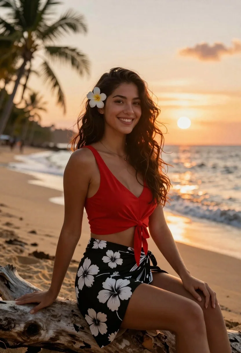 Smiling young woman in red top sitting on beach at sunset - AI generated image prompt sample
