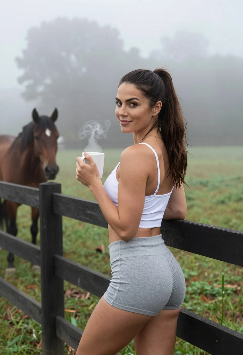 Fit woman leaning on fence in misty pasture with horse nearby - AI generated image prompt sample