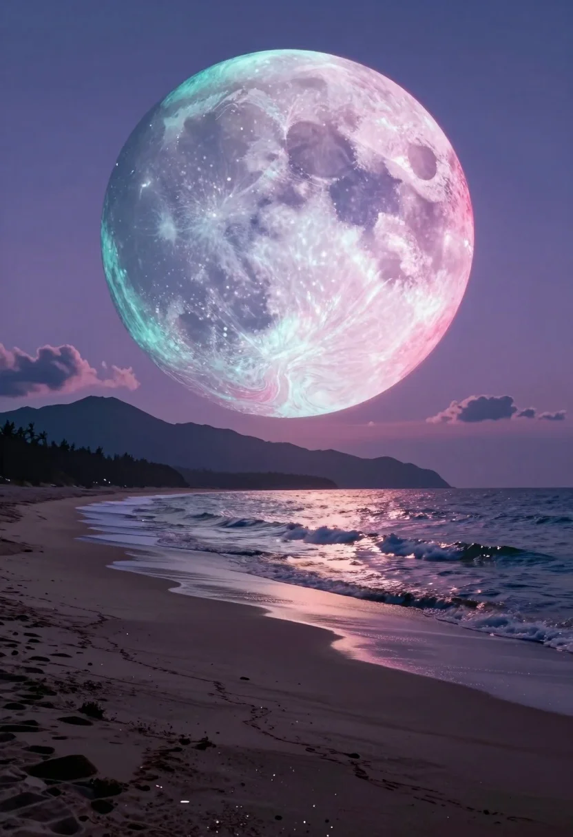 Surreal twilight coastal landscape with iridescent celestial sphere over mountains - AI generated image prompt sample