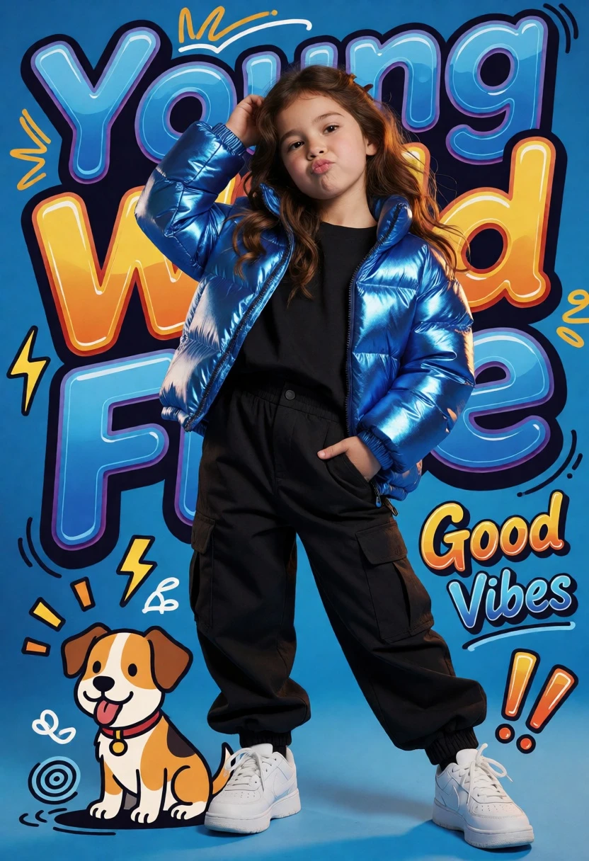 Young girl in metallic jacket posing with cartoon dog on blue background - AI generated image prompt sample