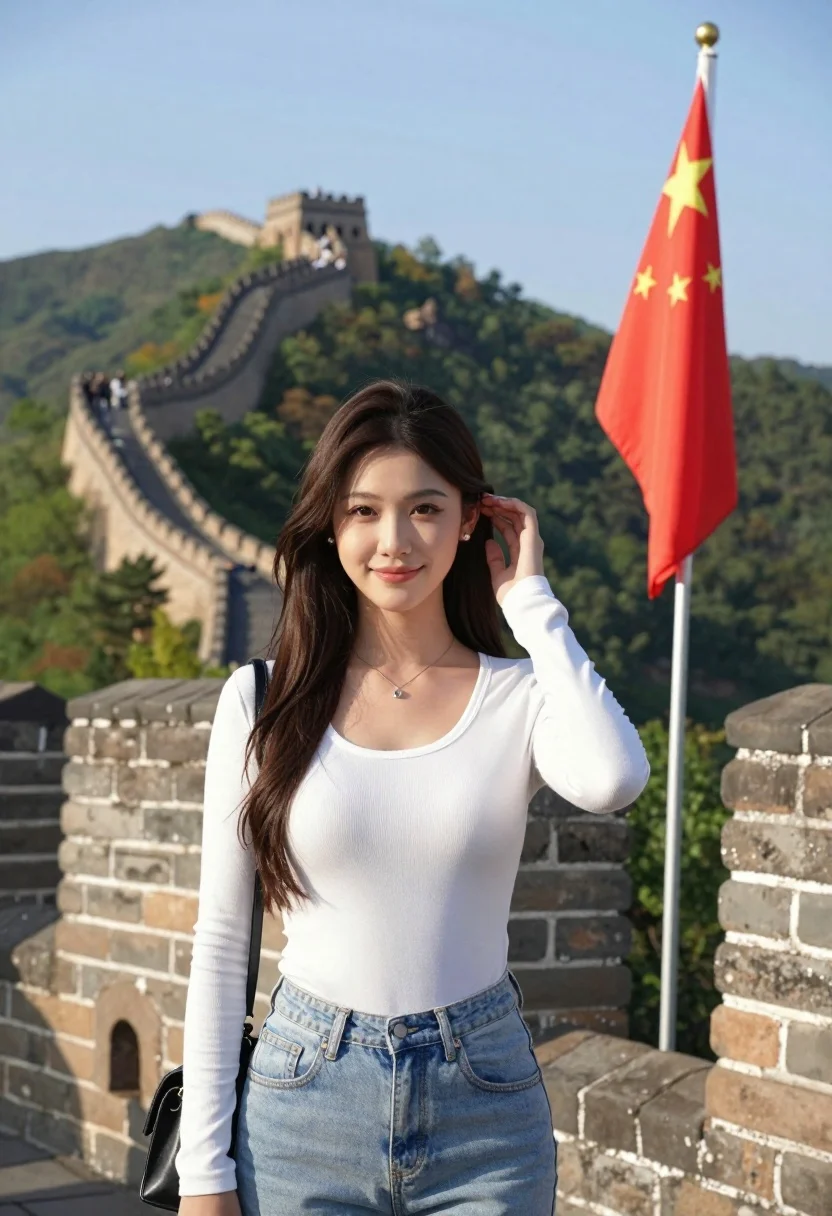 Young woman posing atop great wall of china overlooking green mountains - AI generated image prompt sample