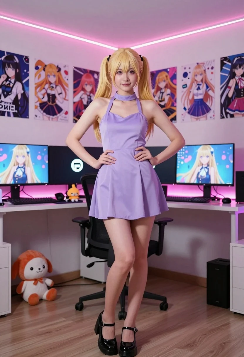 Young blonde woman in lavender dress posing in anime decorated room - AI generated image prompt sample