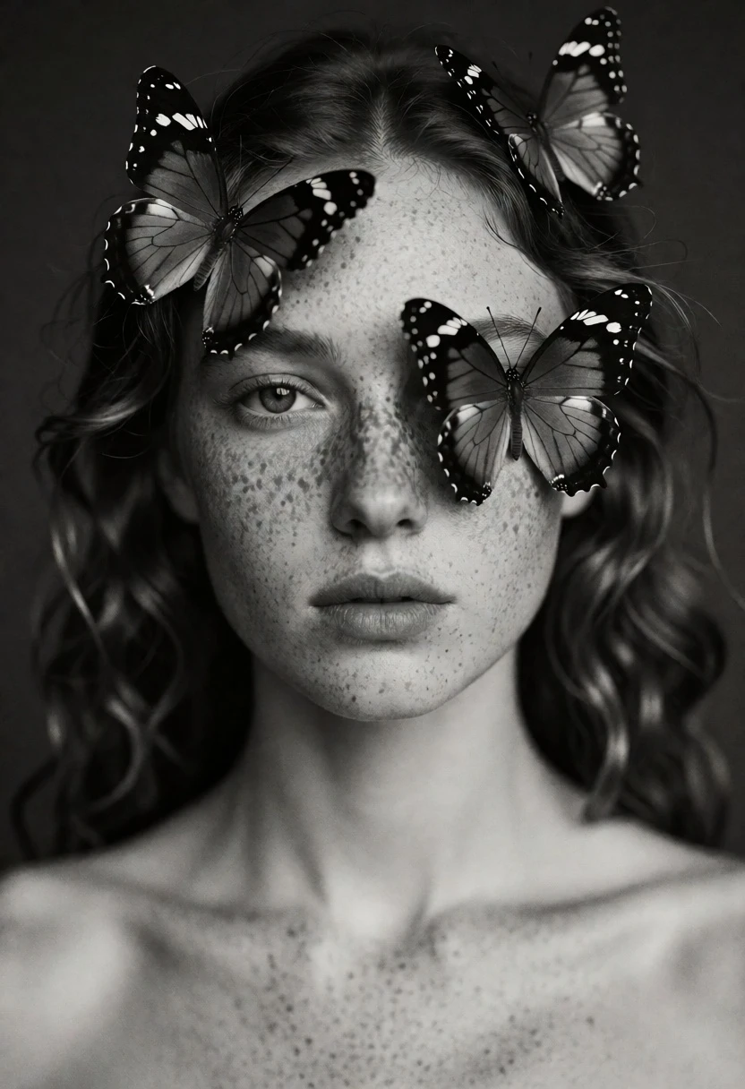 Black and white portrait of young woman with butterflies on her head - AI generated image prompt sample
