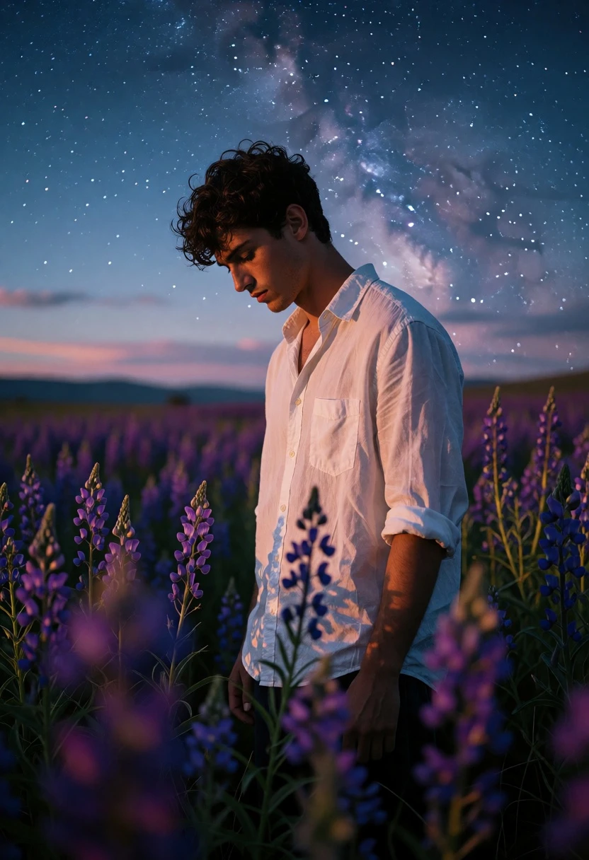 Young man in white shirt among purple wildflowers under starry twilight sky - AI generated image prompt sample