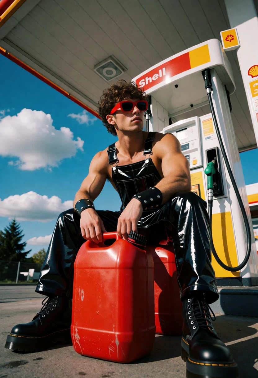 Muscular man in latex overalls at gas station under bright daylight - AI generated image prompt sample