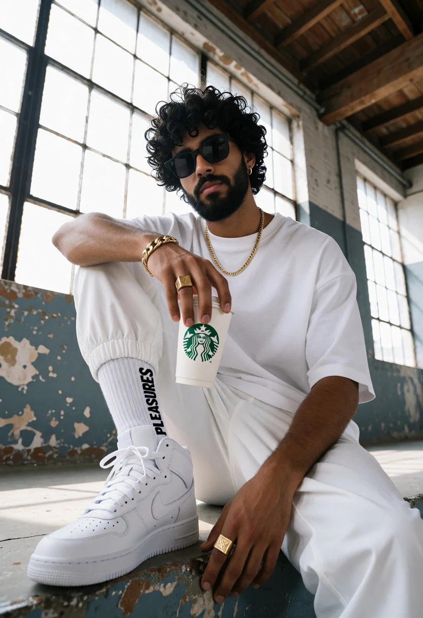 Young man in streetwear sitting on concrete ledge in industrial loft - AI generated image prompt sample