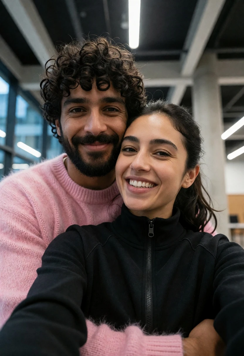 Couple taking a low angle indoor selfie in modern building setting - AI generated image prompt sample