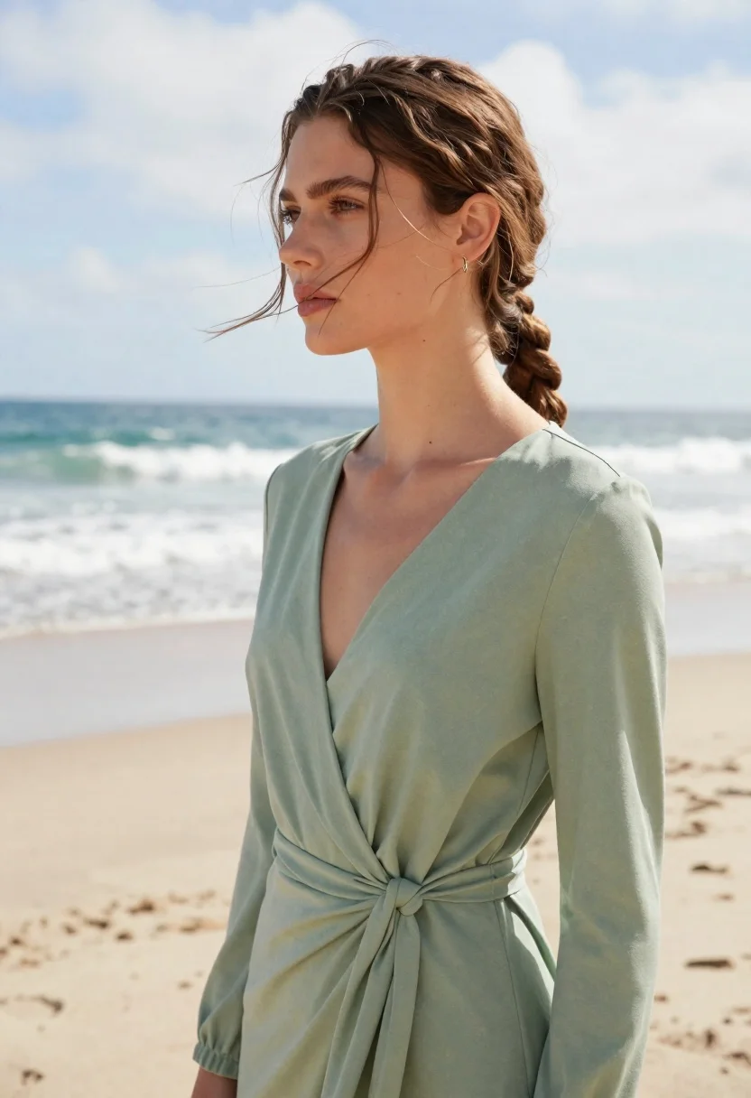 Young woman in sage green dress standing on bright beach overlooking ocean - AI generated image prompt sample