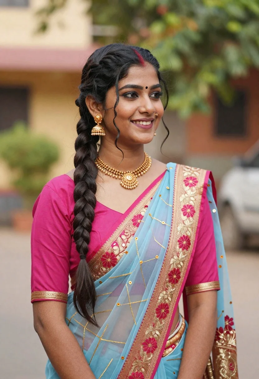 Young woman in pink blouse and blue sari outdoors with braided hair