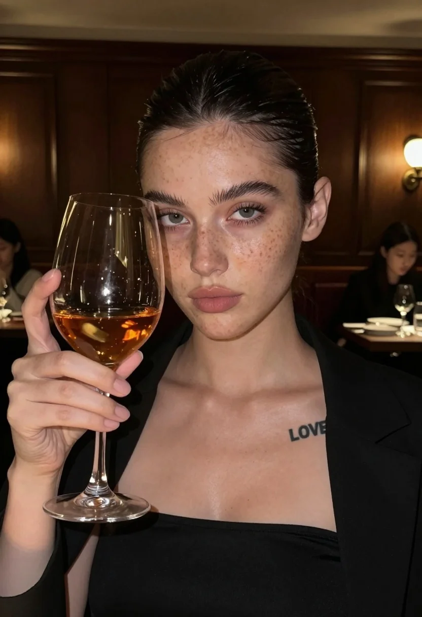 Close up portrait of woman with dark hair holding amber liquid in - AI generated image prompt sample