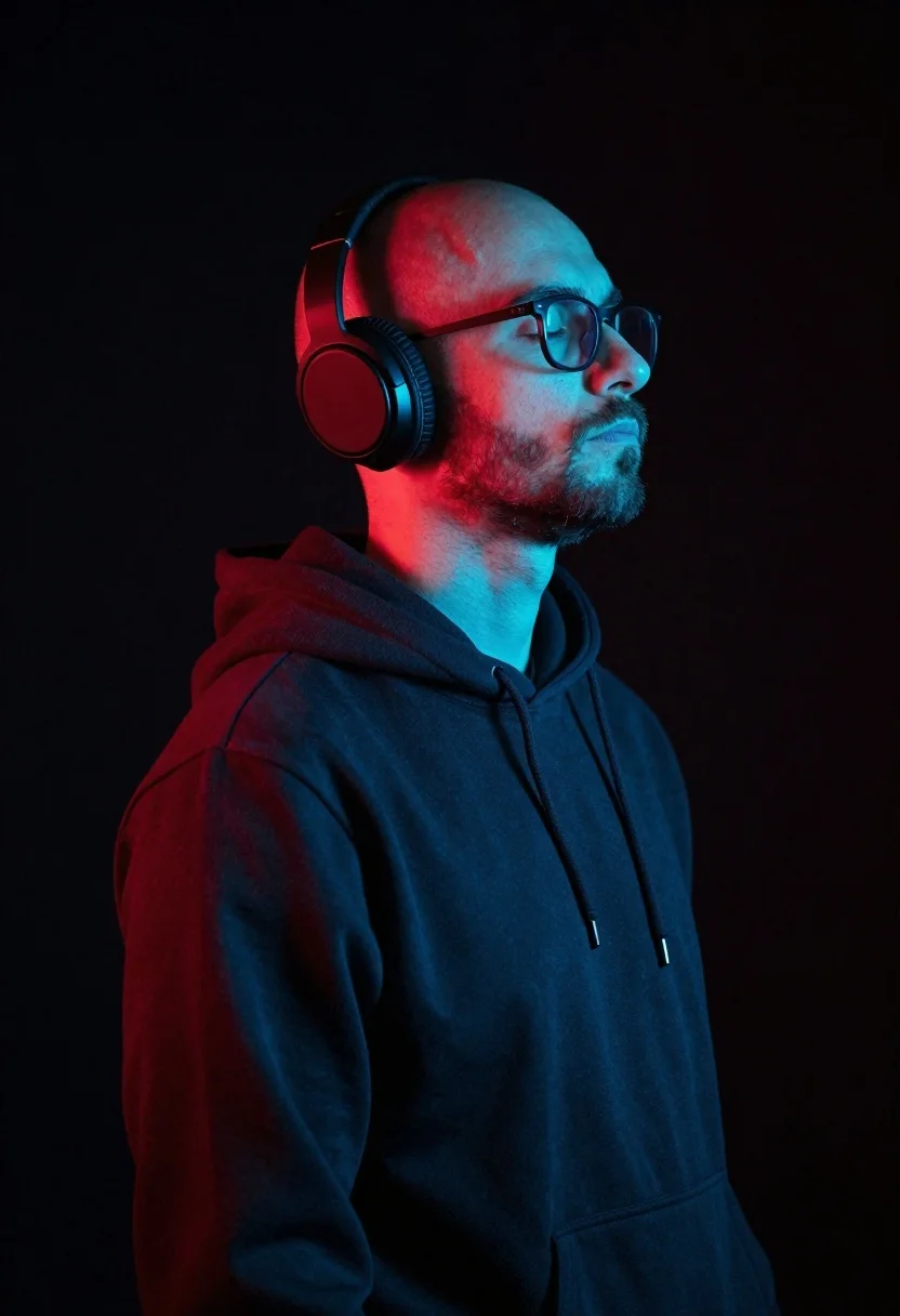 Bald man in headphones against black neon background