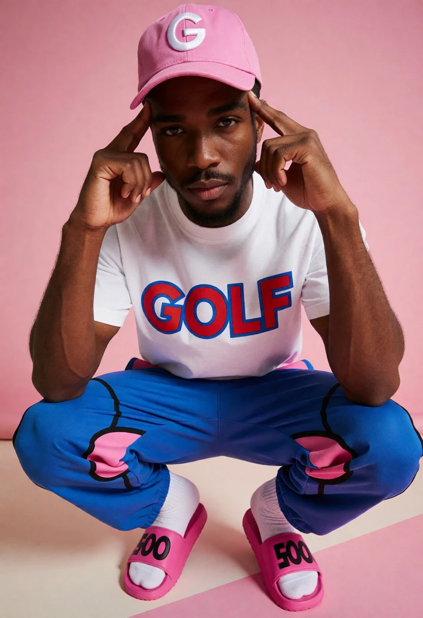 Young black man crouching in studio wearing pink baseball cap and blue - AI generated image prompt sample