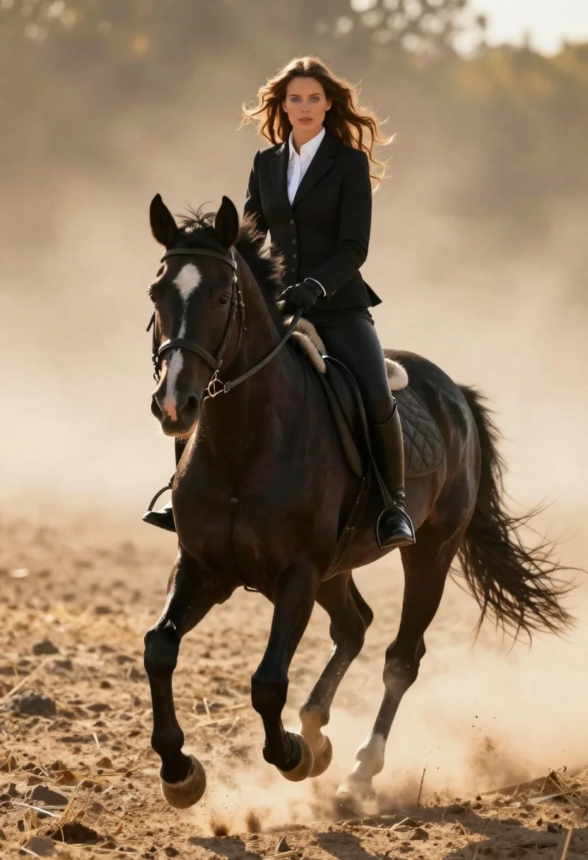 Woman in black riding suit on horse through dusty sunlit landscape - AI generated image prompt sample