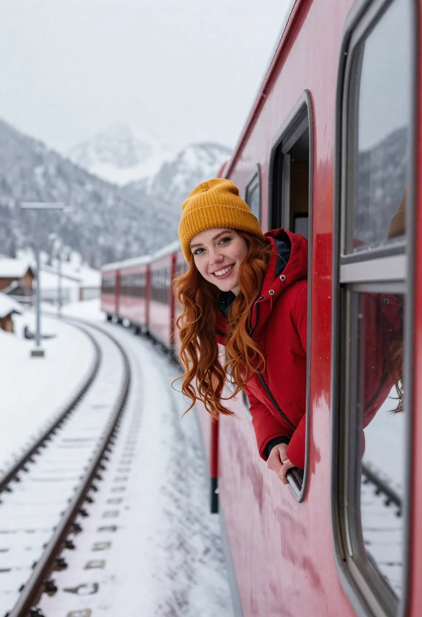 Young woman in red jacket leaning from moving train window - AI generated image prompt sample