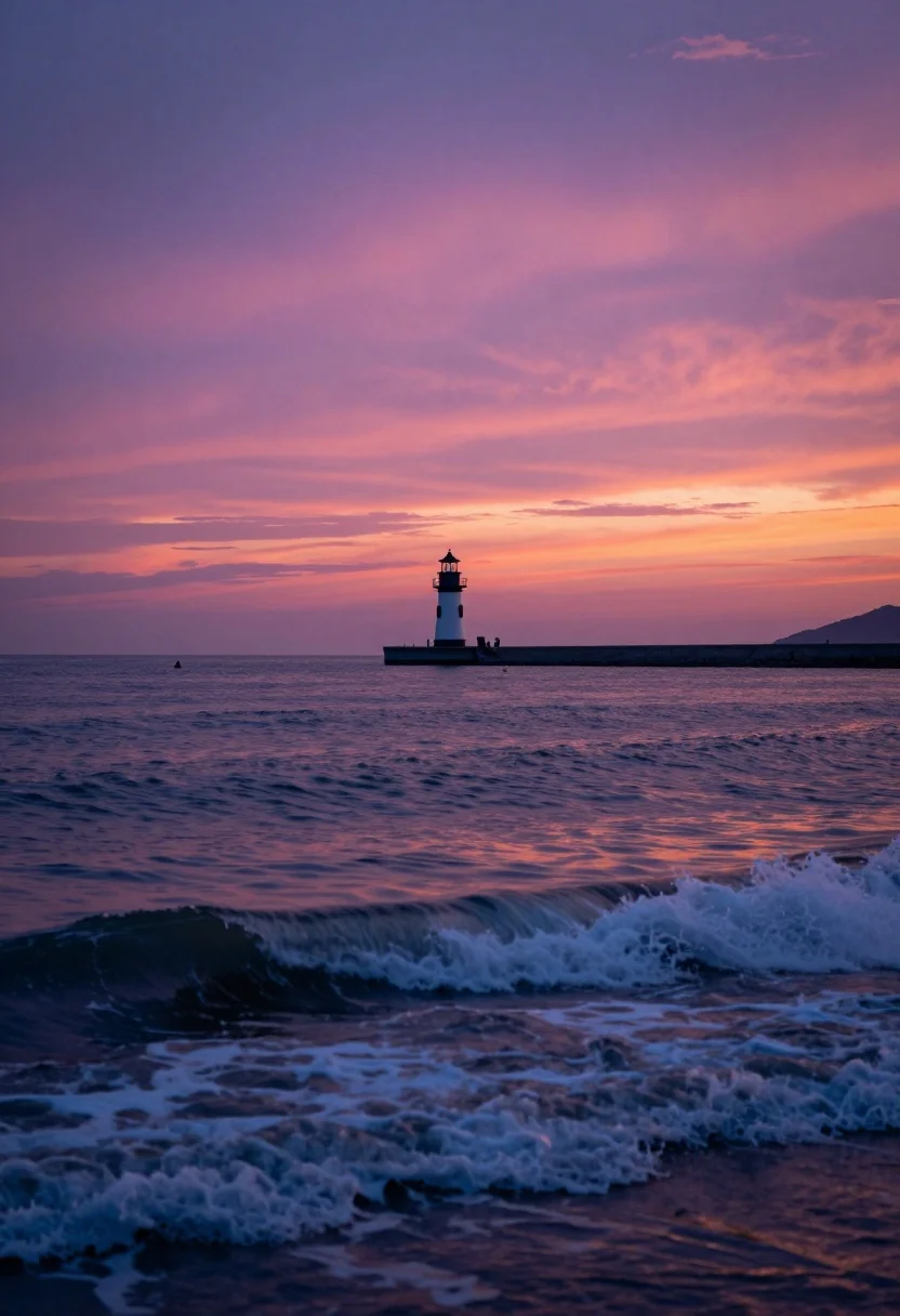Serene seascape at twilight featuring a solitary lighthouse on a distant pier - AI generated image prompt sample