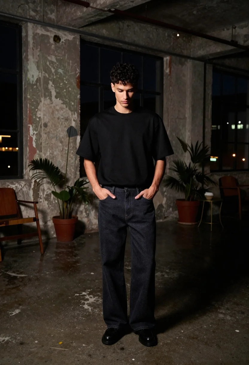 Young man in black t shirt standing in dimly lit industrial loft - AI generated image prompt sample