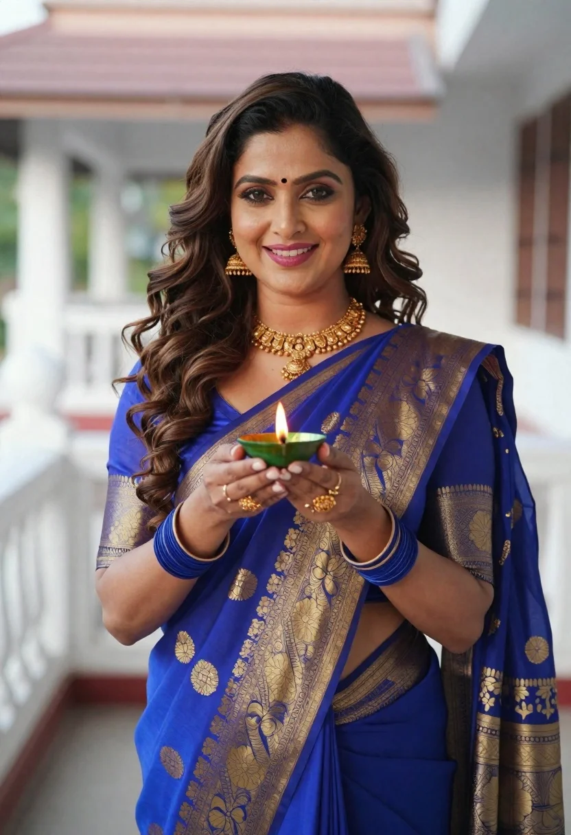 Smiling woman in blue saree holding lit oil lamp on outdoor terrace