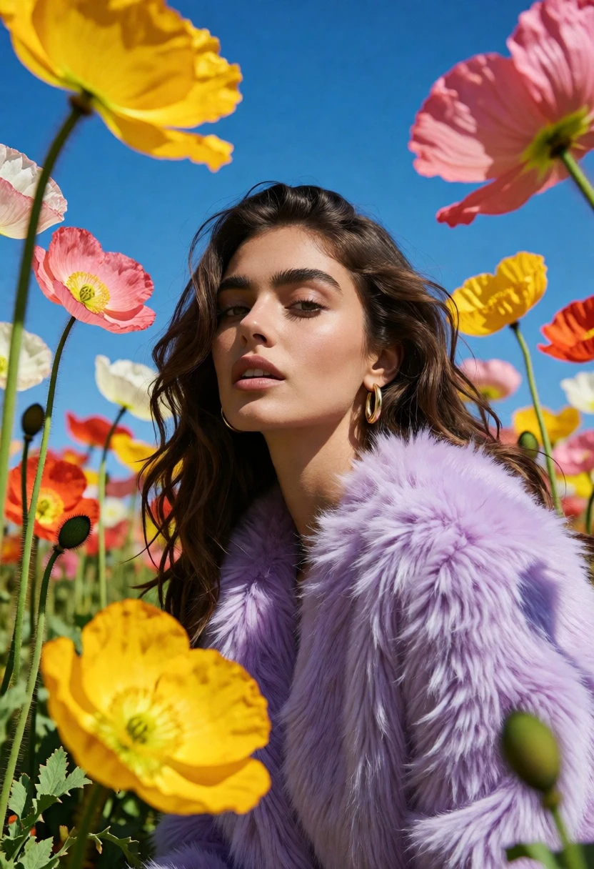 Portrait of woman in purple fur coat amidst colorful poppy field under - AI generated image prompt sample