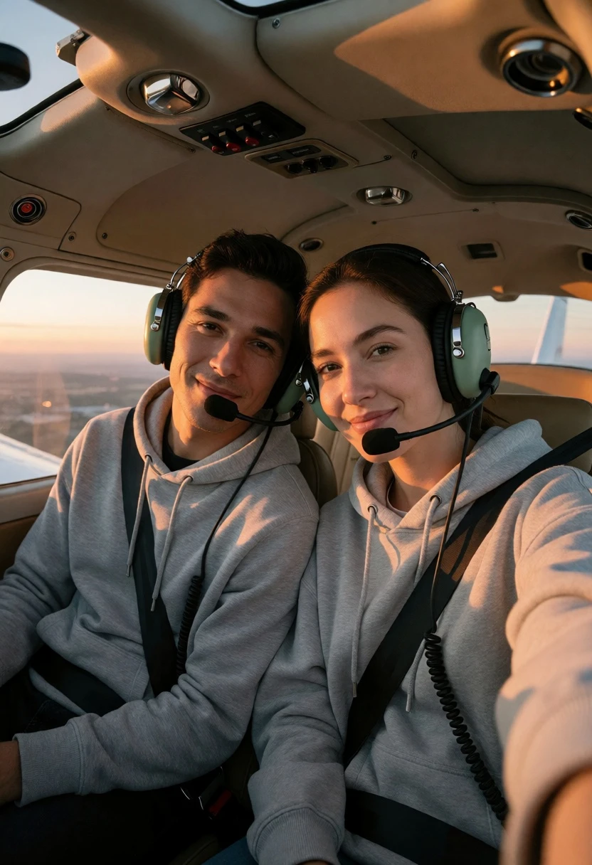 Man and woman in hoodies inside small aircraft cabin at sunset - AI generated image prompt sample