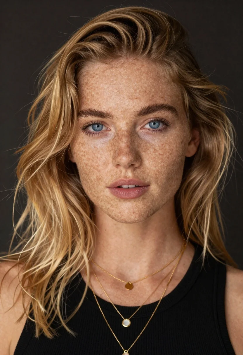 Close up portrait of young woman with blonde hair - AI generated image prompt sample