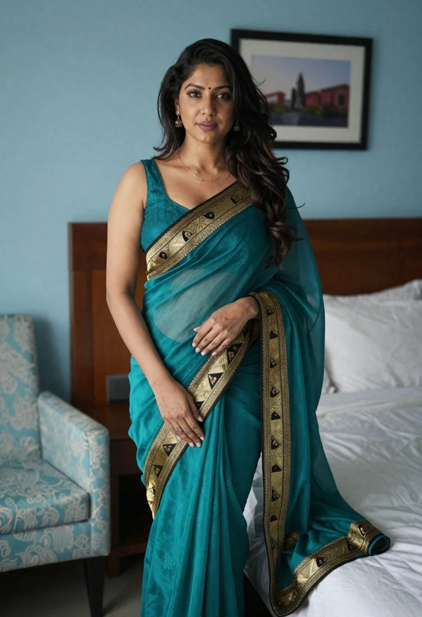 Woman in teal saree standing in a light blue decorated bedroom setting