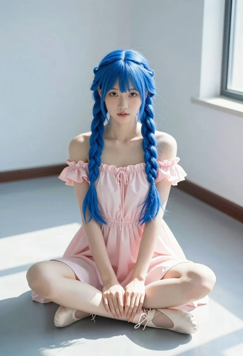 Young woman with blue braided hair sitting crosslegged in bright minimalist room - AI generated image prompt sample
