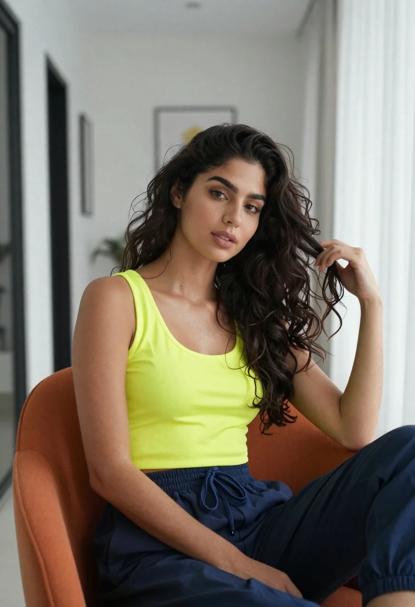Young woman with dark wavy hair sitting in modern bright indoor living