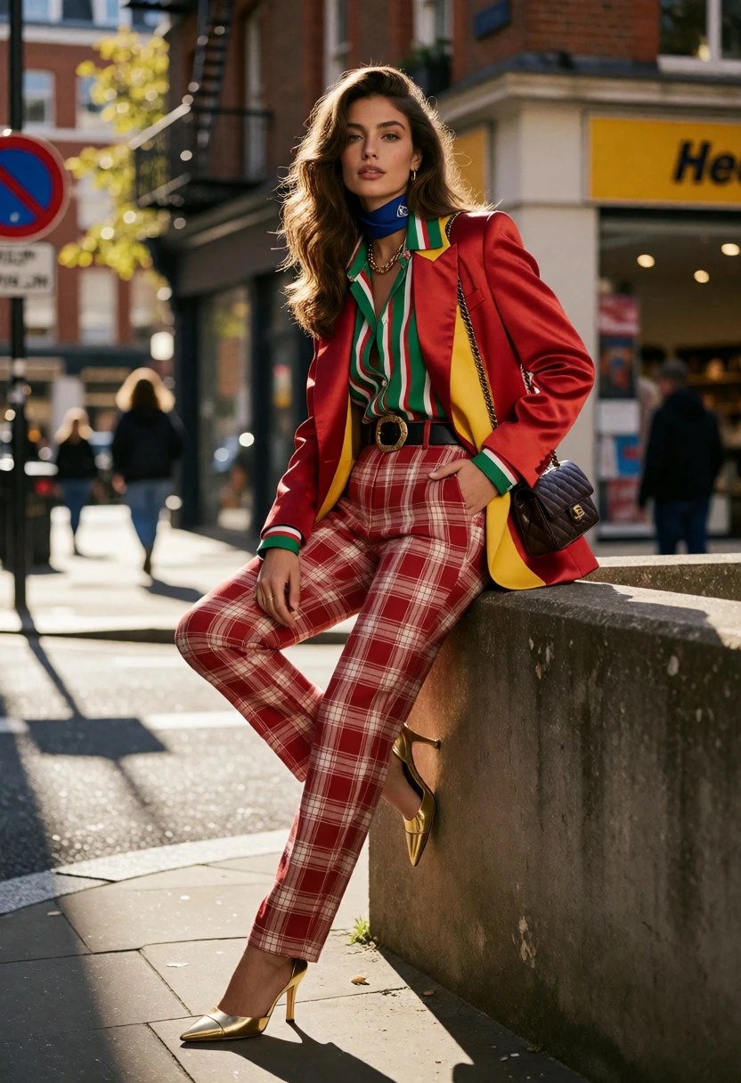 Stylish woman posing on city street corner with eclectic layered fashion ensemble - AI generated image prompt sample