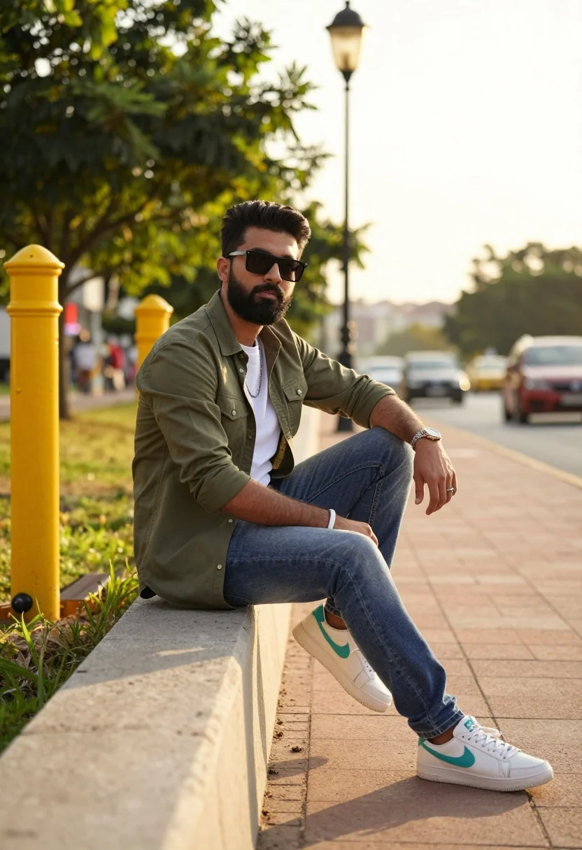 Man sitting on concrete wall in urban setting during golden hour light - AI generated image prompt sample