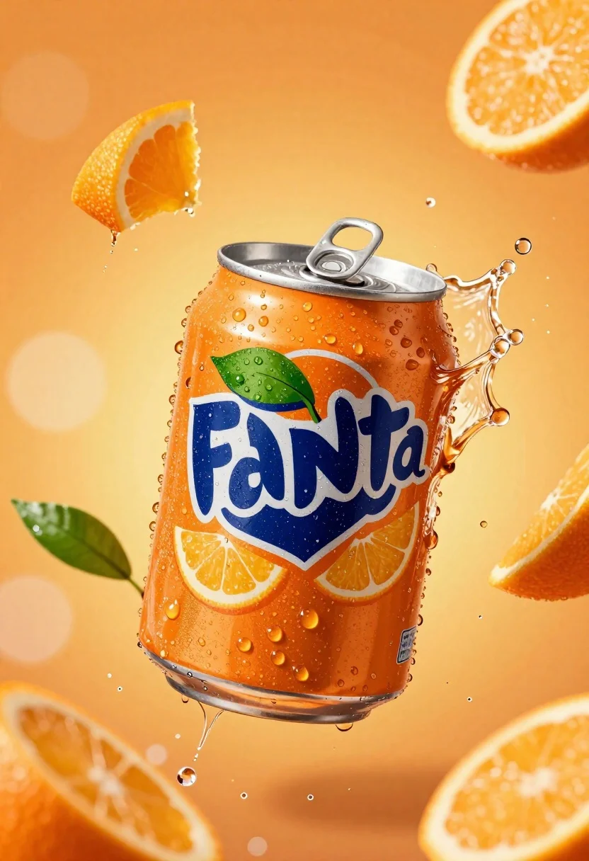 Hyperrealistic close up of orange soda splashing from a floating can - AI generated image prompt sample