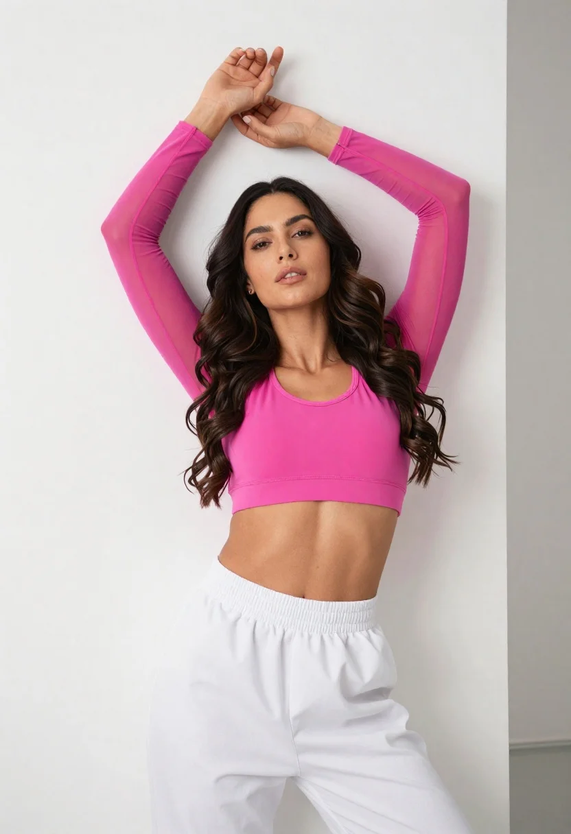 Fit woman in pink sports bra posing against white wall indoors