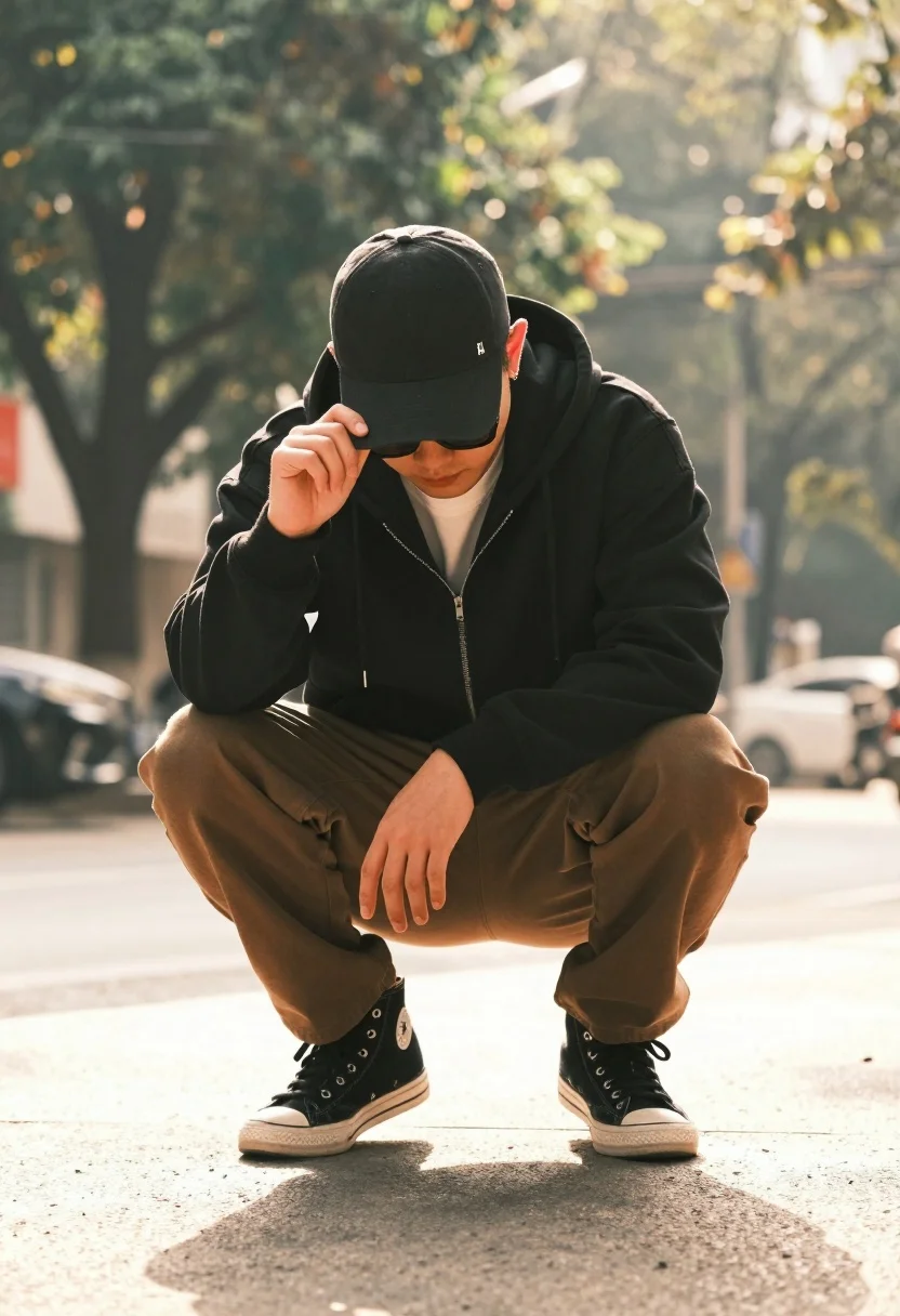 Man crouching low in urban setting adjusting cap with vintage film look - AI generated image prompt sample