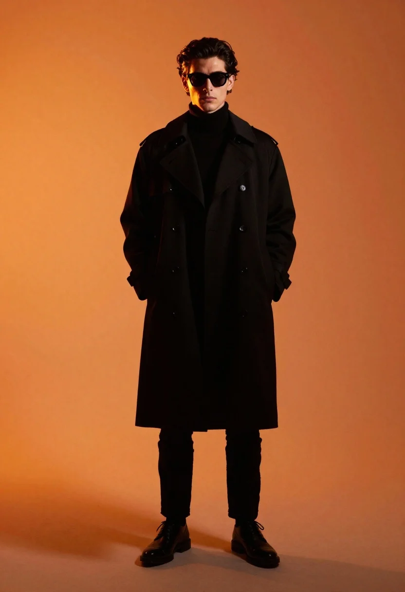 Man in black trench coat against vibrant orange gradient