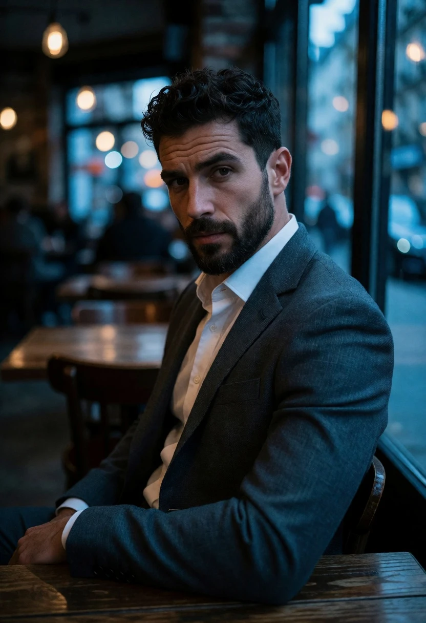 Man in dark suit seated at wooden table looking back over shoulder - AI generated image prompt sample