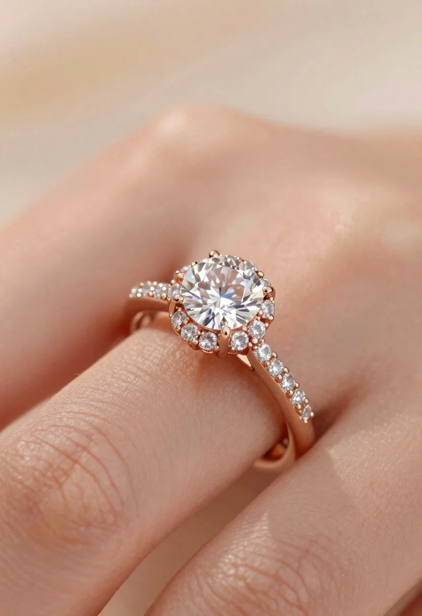 Macro shot of diamond engagement ring on finger