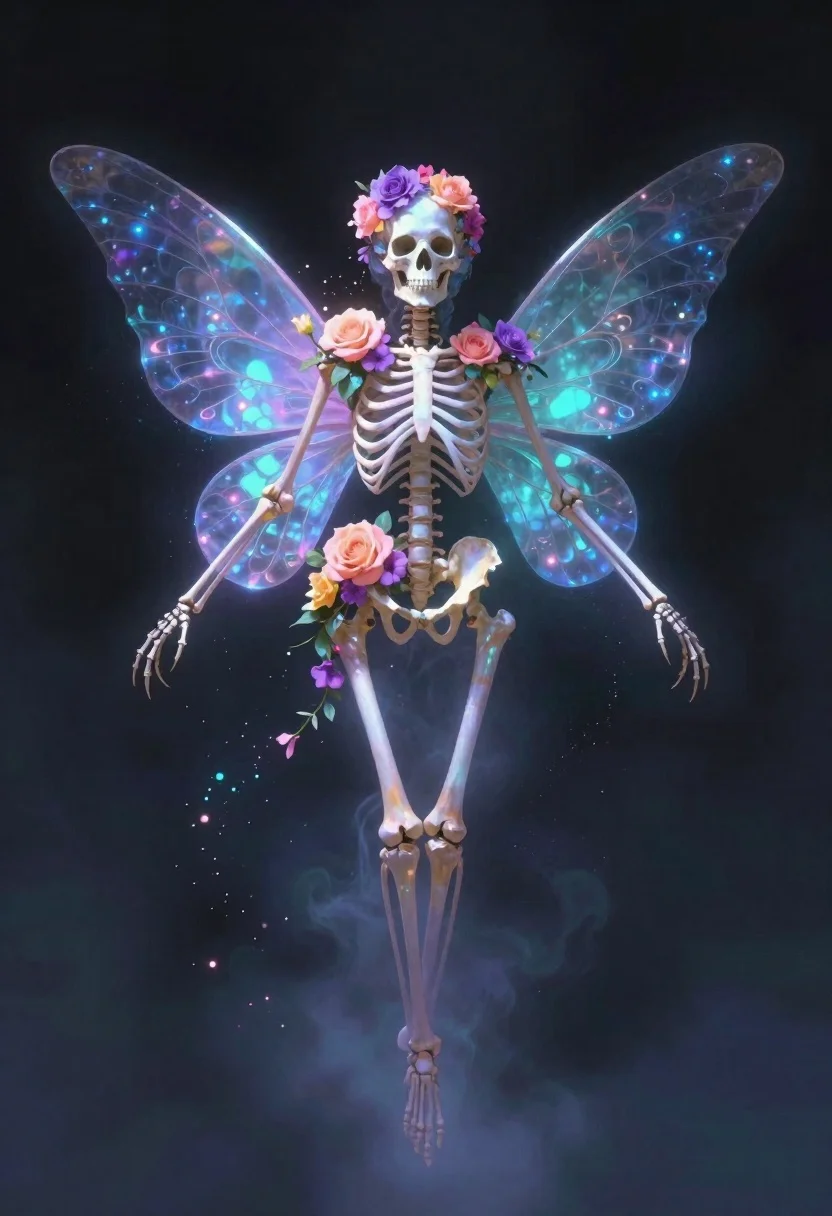 Skeletal fairy with flowers in a mystical void - AI generated image prompt sample