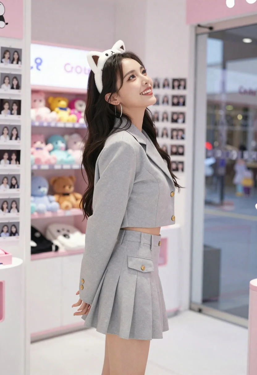 Young woman in grey outfit smiling inside decorated photo booth shop