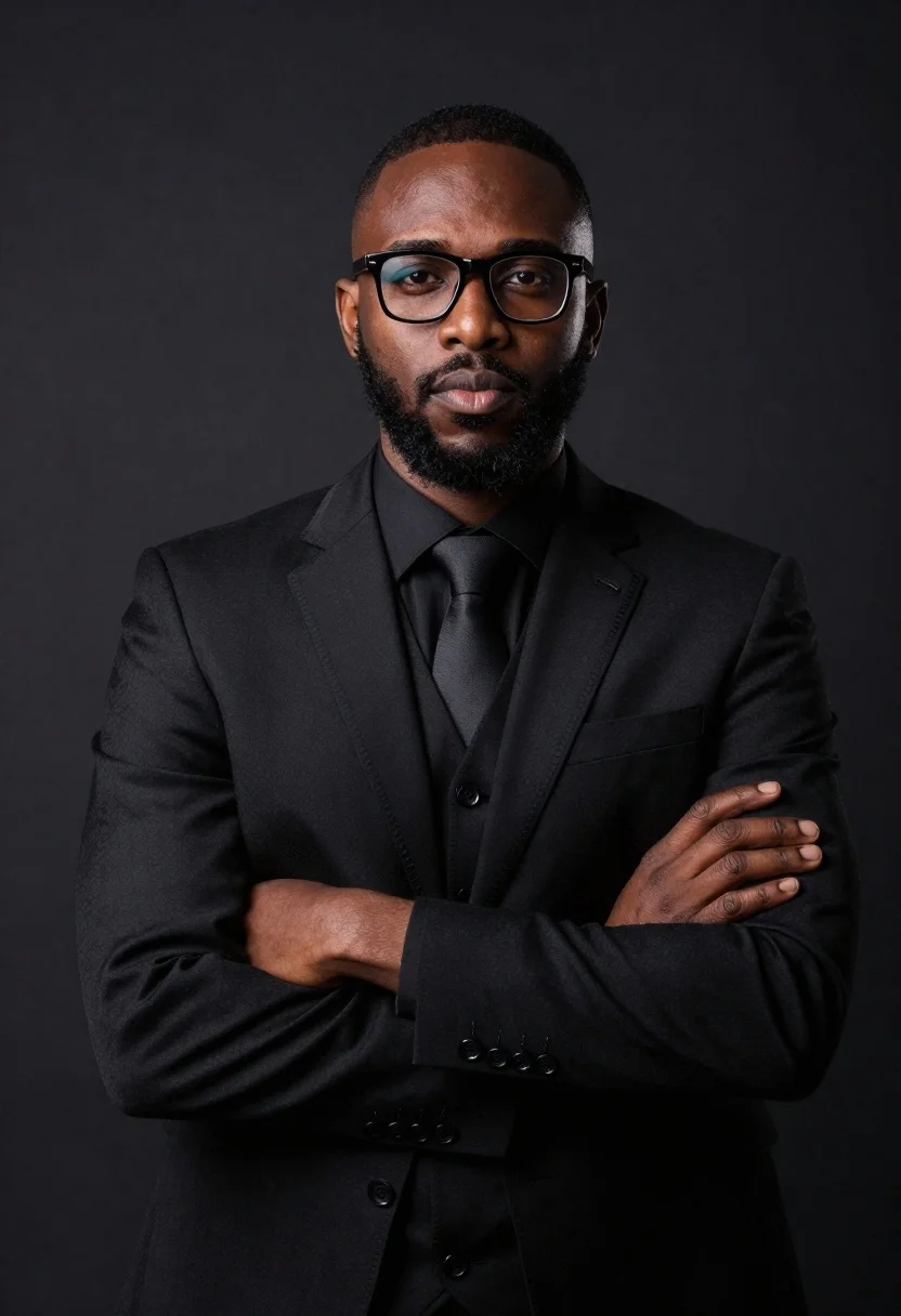 Studio portrait of confident black man in black suit