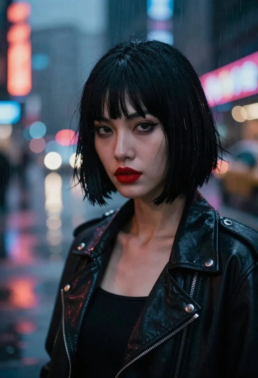 Woman in black jacket on rainy cyberpunk city street
